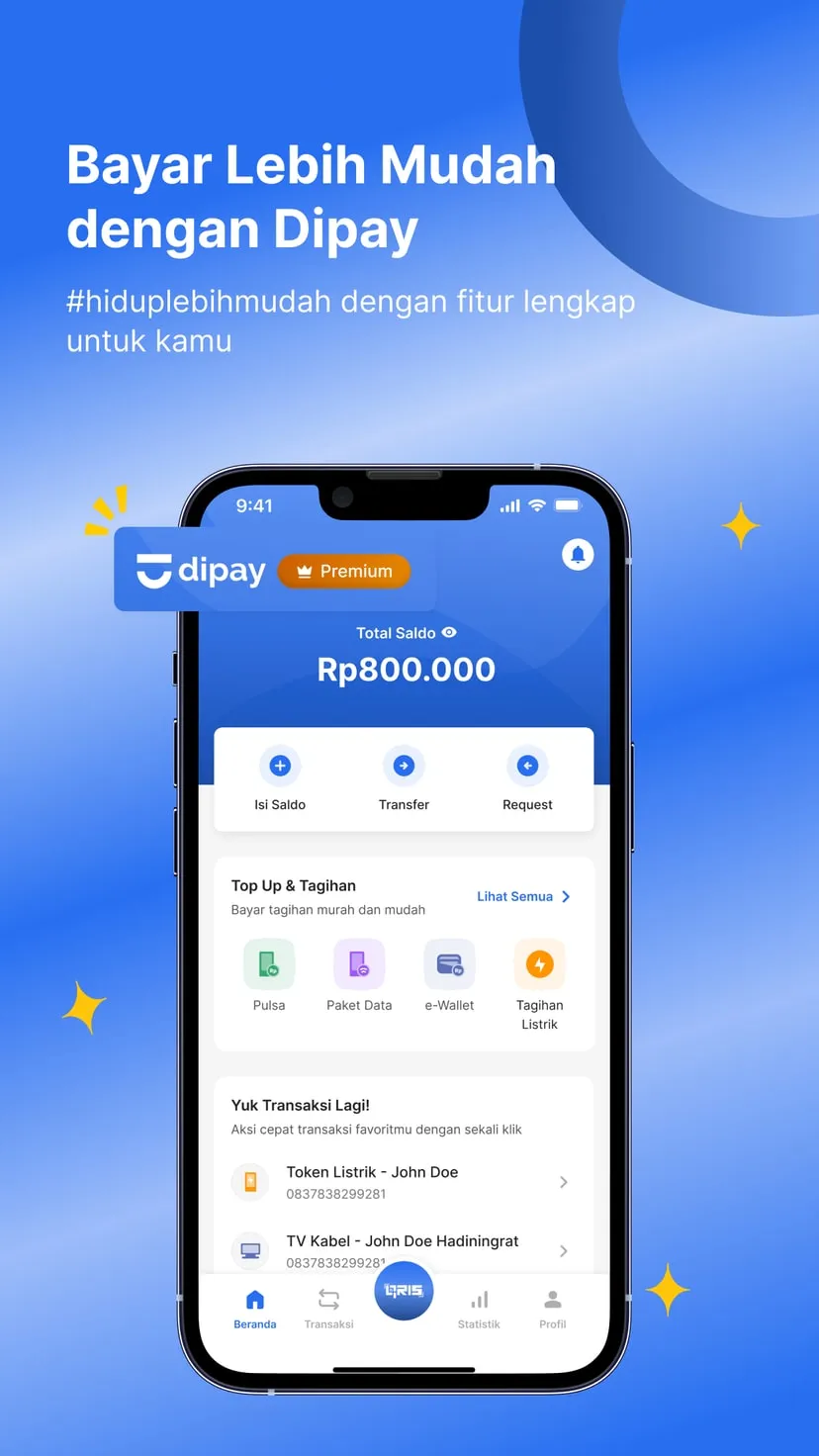 Dipay home screen with the wallet balance and top-up and bill shortcuts