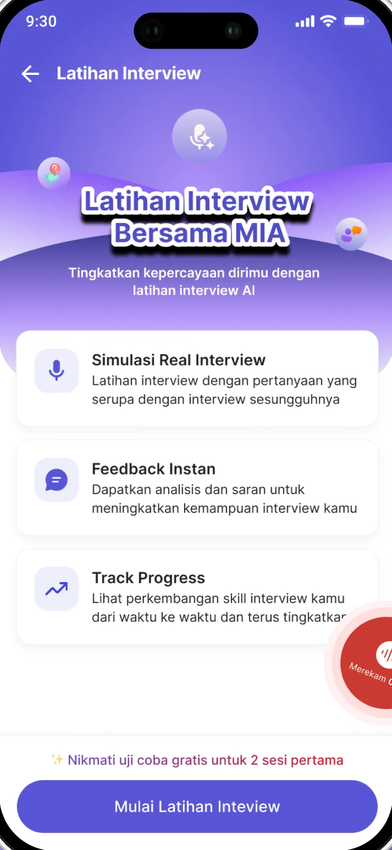 MIA app AI interview practice screen
