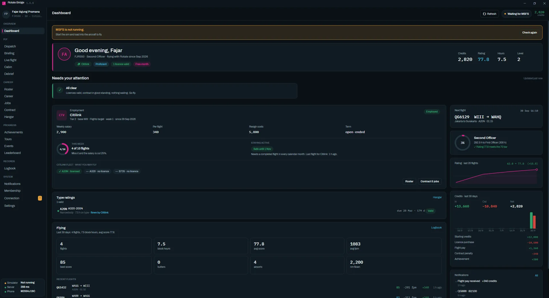Rotate PC Bridge for Windows: pilot dashboard with employment contract, type ratings, rating trend, credits and recent flights